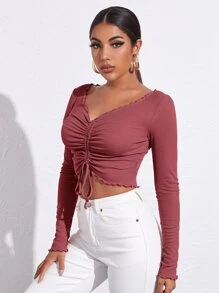 SHEIN Privé Camiseta unicolor con fruncido delantero con cordón ribete en forma de lechuga - Rosa Roja - Ver 3