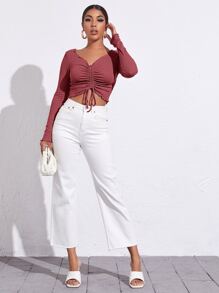 SHEIN Privé Camiseta unicolor con fruncido delantero con cordón ribete en forma de lechuga - Rosa Roja - Ver 4