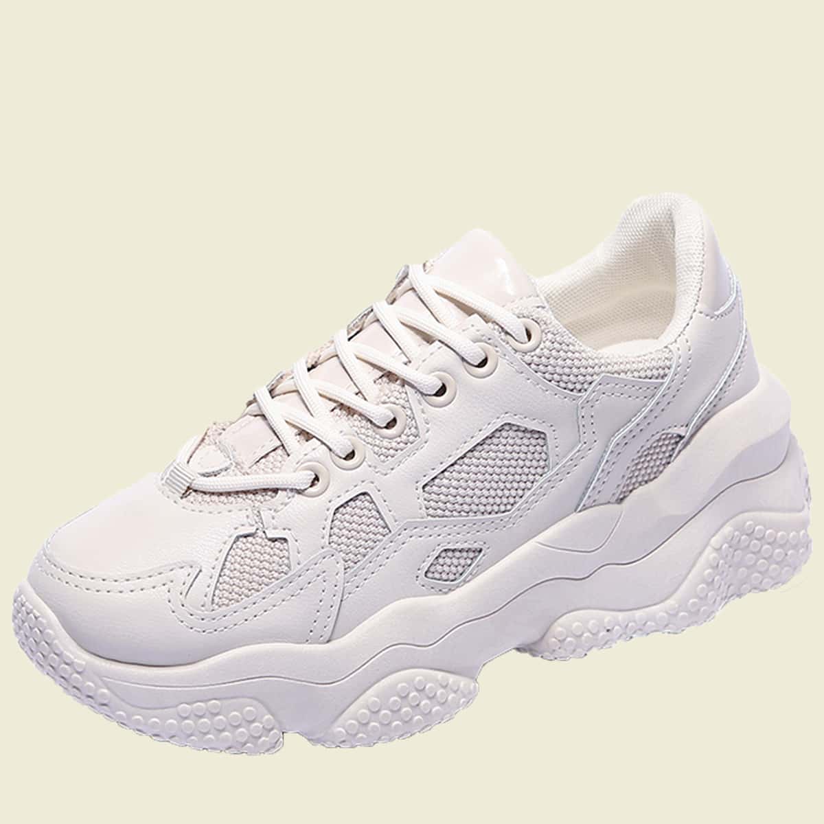 

Solid Lace-up Mesh Chunky Sneakers, Beige
