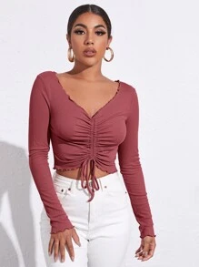 SHEIN Privé Camiseta unicolor con fruncido delantero con cordón ribete en forma de lechuga - Rosa Roja - Ver 5