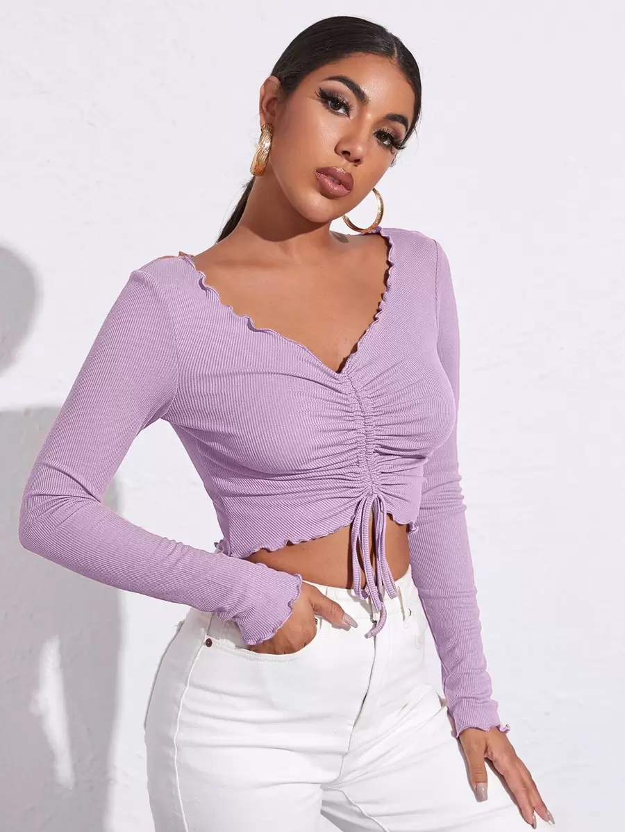 SHEIN Essnce Lettuce Trim Drawstring Ruched Front Solid Tee - Lilac Purple - View 1