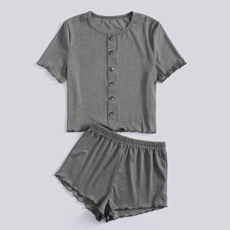 

Button Front Lettuce Trim PJ Set, Grey