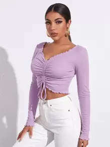 SHEIN Essnce Lettuce Trim Drawstring Ruched Front Solid Tee - Lilac Purple - View 3