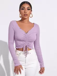 SHEIN Essnce Lettuce Trim Drawstring Ruched Front Solid Tee - Lilac Purple - View 5