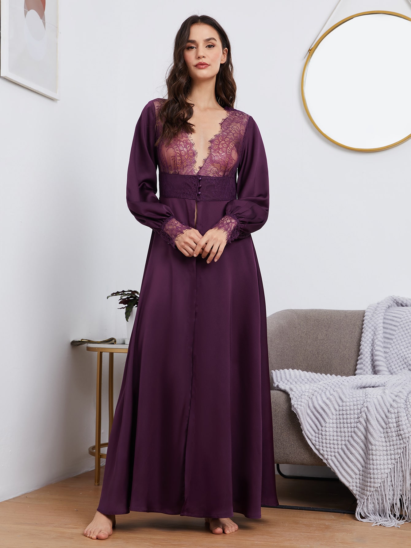 Lantern Sleeve Lace Detail Satin Nightdress thumbnail