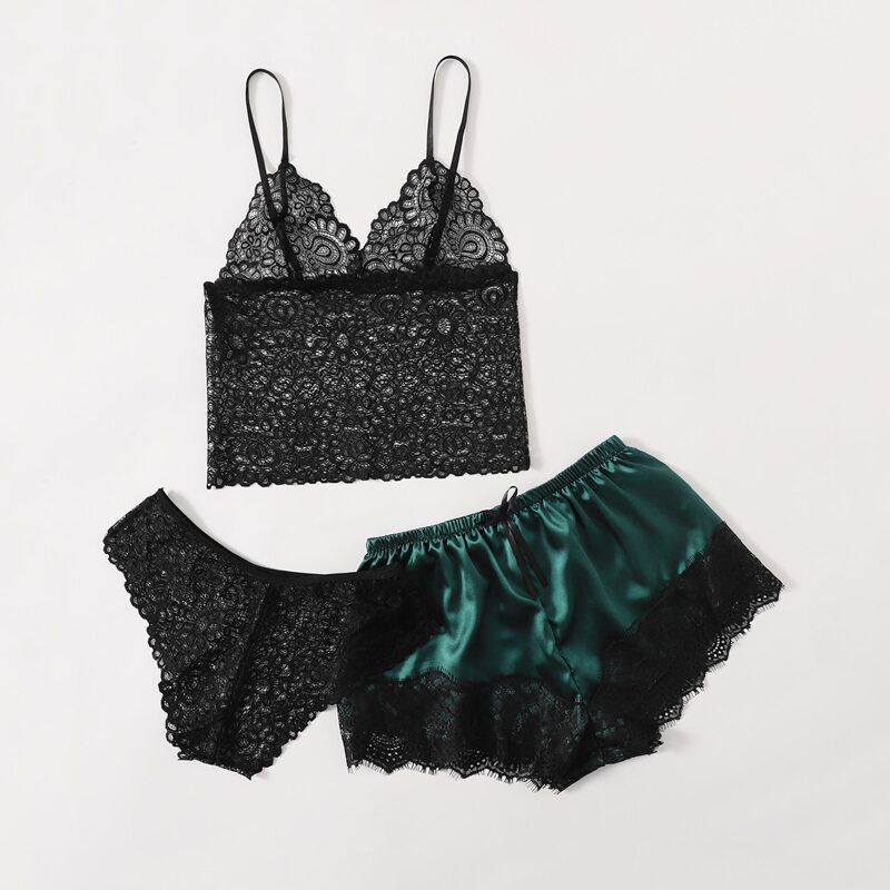 

3pack Floral Lace Lingerie Set With Satin Shorts, Dark green