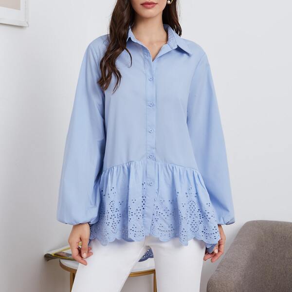 

Eyelet Embroidered Ruffle Hem Blouse, Baby blue