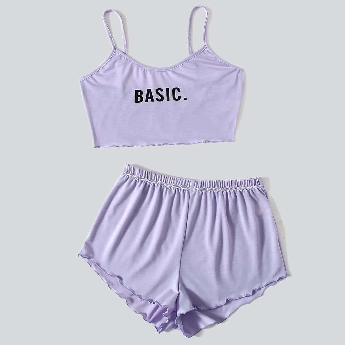 

Letter Print Cami & Shorts PJ Set, Lilac purple