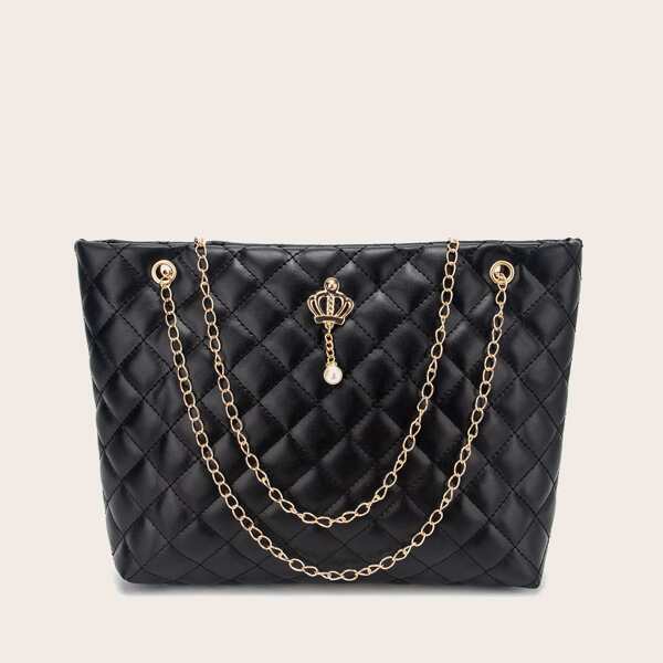

Metal Decor Quilted Chain Tote Bag, Black