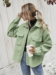 SHEIN Frenchy Flap Pocket High Low Hem Overcoat - Lime Green - View 1