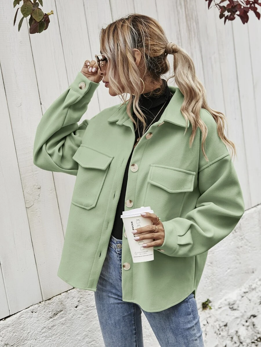 SHEIN Frenchy Flap Pocket High Low Hem Overcoat - Lime Green - View 1