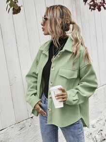 SHEIN Frenchy Flap Pocket High Low Hem Overcoat - Lime Green - View 3