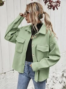 SHEIN Frenchy Flap Pocket High Low Hem Overcoat - Lime Green - View 4