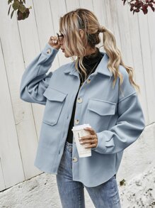SHEIN Frenchy Flap Pocket High Low Hem Overcoat - Dusty Blue - View 1