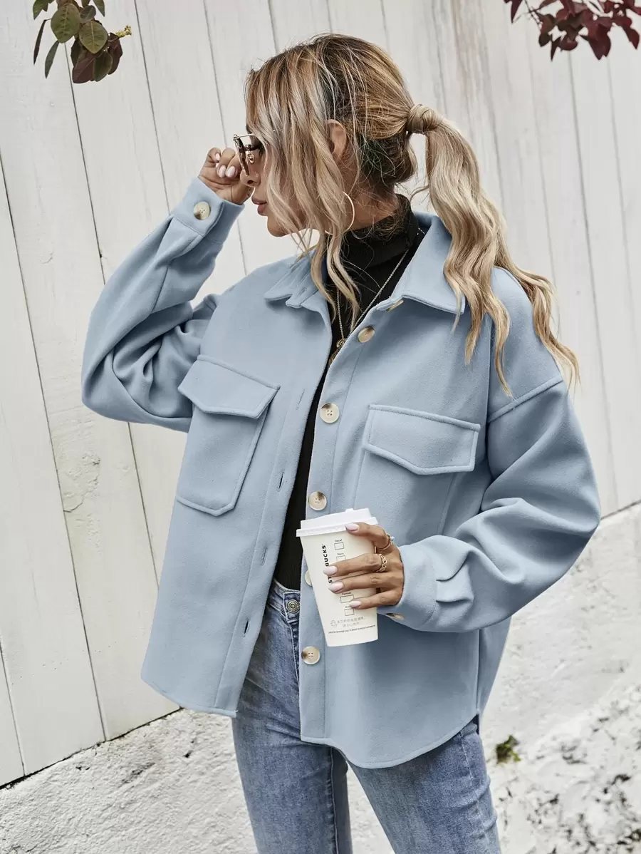 SHEIN Frenchy Flap Pocket High Low Hem Overcoat - Dusty Blue - View 1