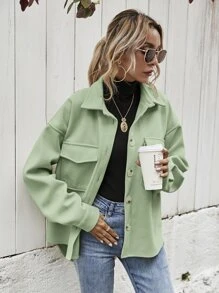 SHEIN Frenchy Flap Pocket High Low Hem Overcoat - Lime Green - View 5