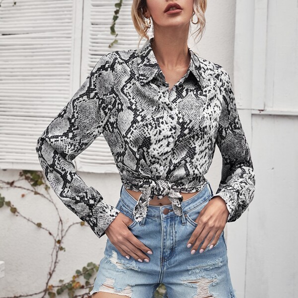 

Snakeskin Print Button Front Blouse, Multicolor