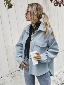 SHEIN Frenchy Flap Pocket High Low Hem Overcoat - Dusty Blue - View 3