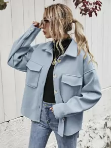 SHEIN Frenchy Flap Pocket High Low Hem Overcoat - Dusty Blue - View 4