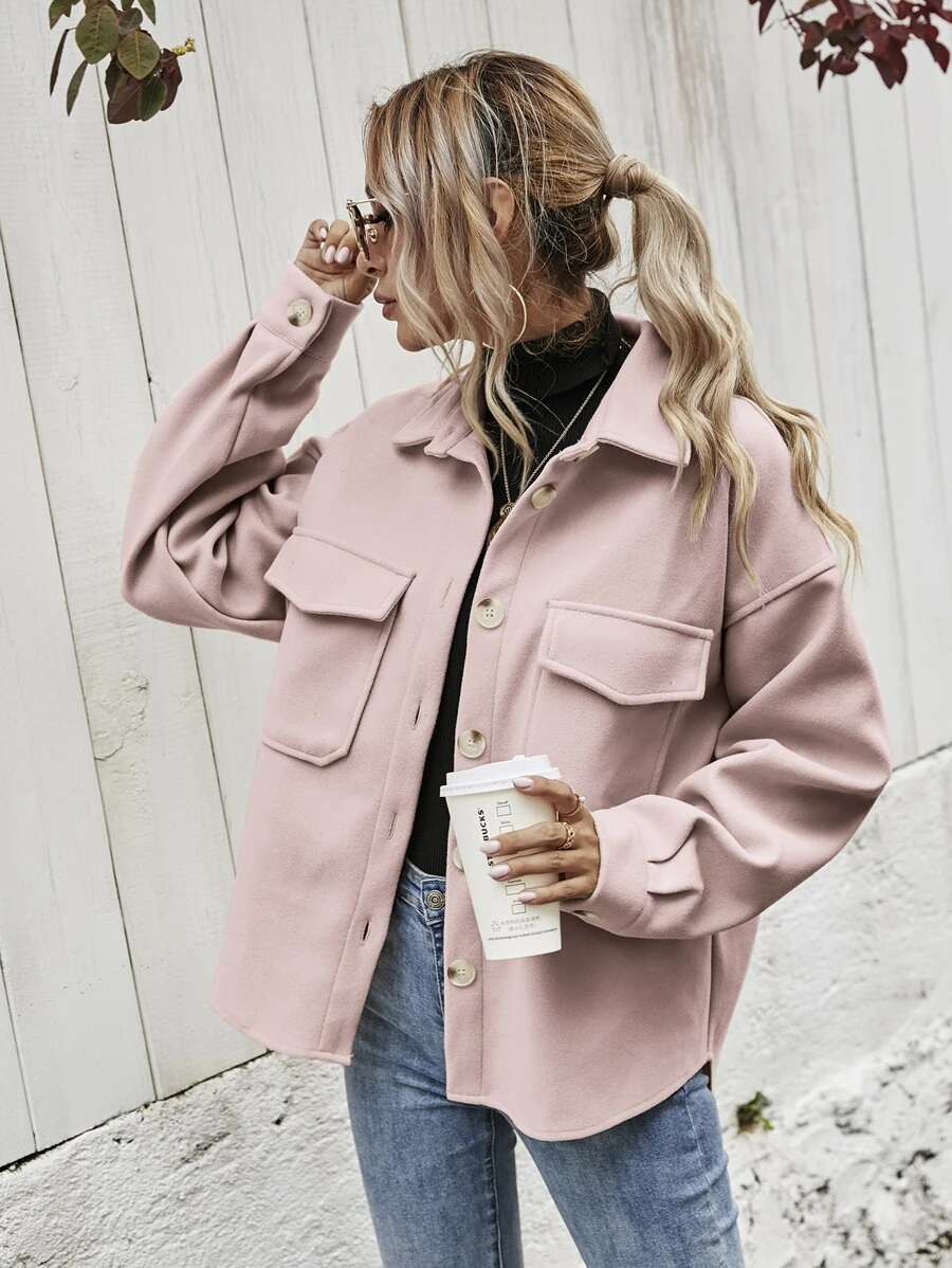 SHEIN Frenchy Flap Pocket High Low Hem Overcoat - Dusty Pink - View 1