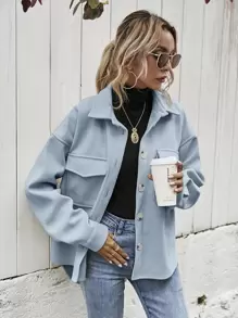 SHEIN Frenchy Flap Pocket High Low Hem Overcoat - Dusty Blue - View 5