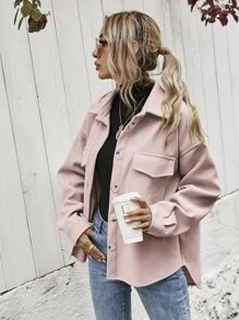 SHEIN Frenchy Flap Pocket High Low Hem Overcoat - Dusty Pink - View 3