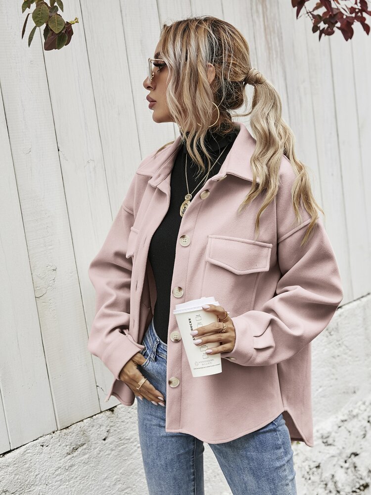 SHEIN Frenchy Flap Pocket High Low Hem Overcoat - Dusty Pink - View 3