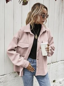 SHEIN Frenchy Flap Pocket High Low Hem Overcoat - Dusty Pink - View 4