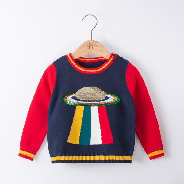 

Toddler Boys Contrast Sequin UFO & Stripe Pattern Sweater, Multicolor