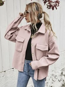 SHEIN Frenchy Flap Pocket High Low Hem Overcoat - Dusty Pink - View 5
