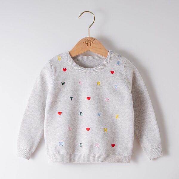 

Toddler Girls Letter And Heart Embroidery Sweater, Light grey