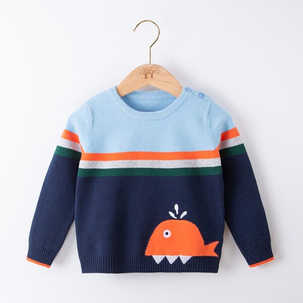 

Toddler Boys Striped & Cartoon Pattern Button Detail Sweater, Multicolor