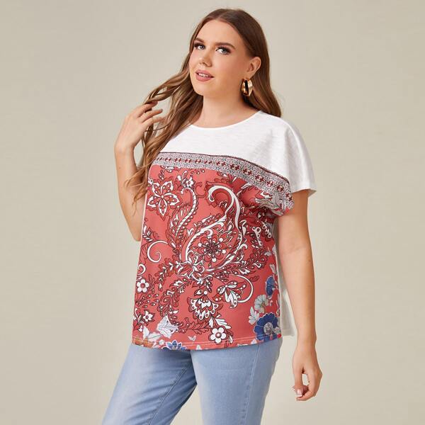 

Plus Batwing Sleeve Botanical Print Tee, Multicolor