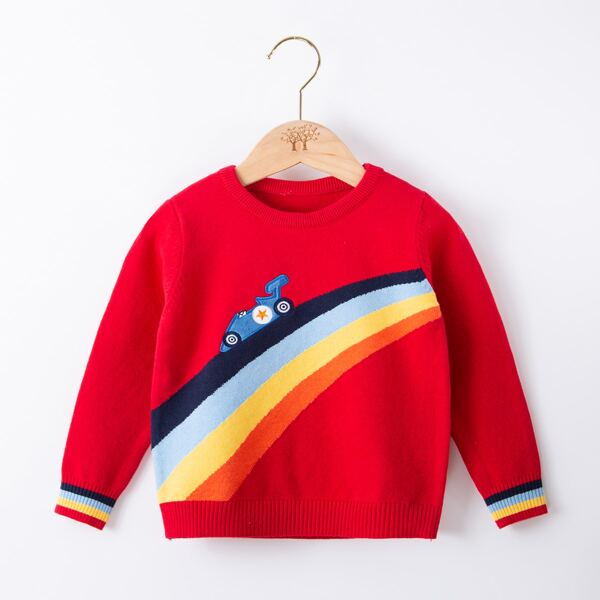 

Toddler Boys Striped Car Embroidered Sweater, Red