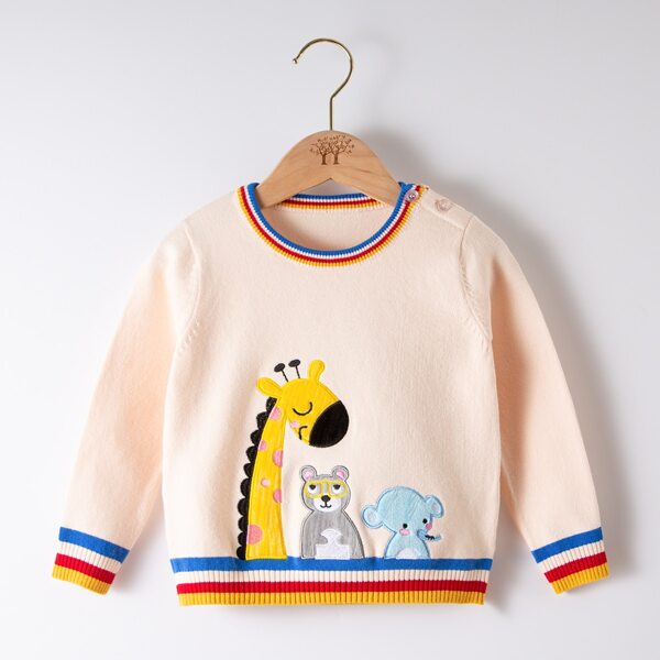 

Toddler Boys Striped & Cartoon Pattern Sweater, Apricot