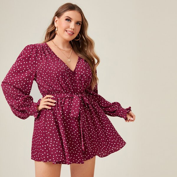 

Plus V-neck Flounce Sleeve Belted Polka Dot Romper, Red violet