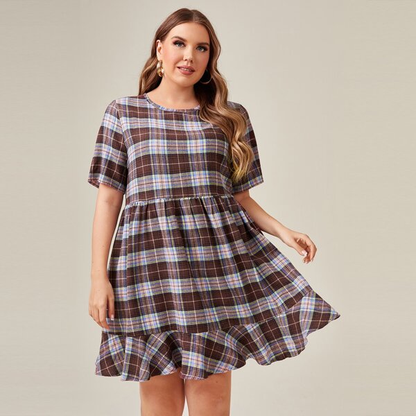 

Plus Keyhole Back Flounce Hem Tartan Dress, Multicolor
