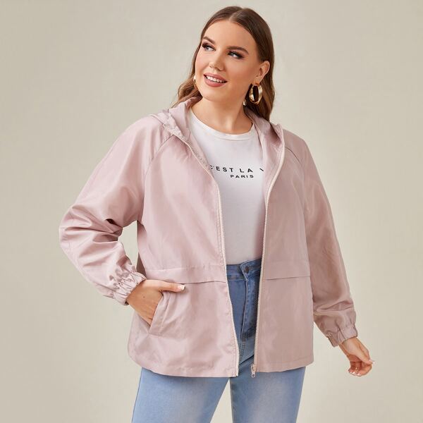 

Plus Zip Up Raglan Sleeve Hooded Windbreaker Jacket, Baby pink