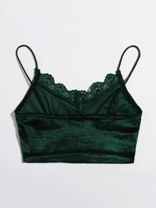 SHEIN Lace Trim Velvet Crop Cami Top - Dark Green - View 2