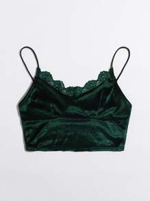 SHEIN Lace Trim Velvet Crop Cami Top - Dark Green - View 3