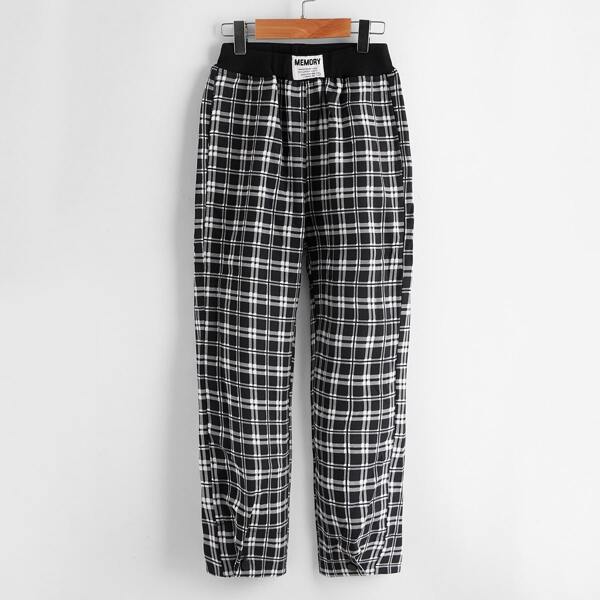 

Girls Letter Patched Plaid Pants, Black and white