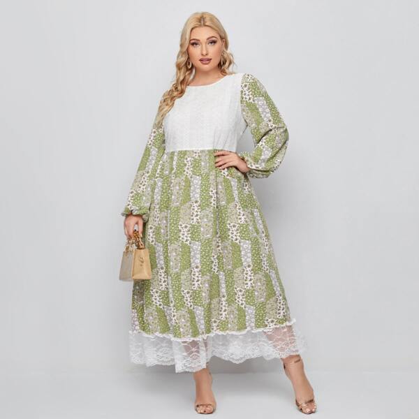 

Plus Contrast Schiffy Bodice Lantern Sleeve Lace Detail Patchwork Dress, Multicolor