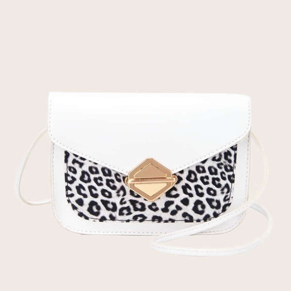 

Metal Lock Leopard Pattern Square Bag, White