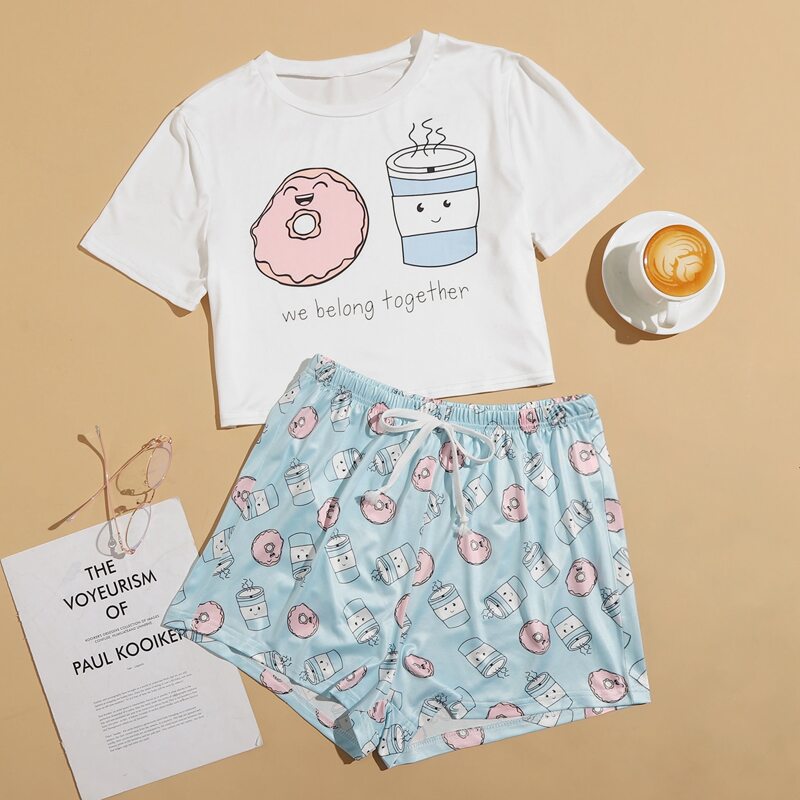 

Cartoon & Letter Graphic Pajama Set, Blue and white