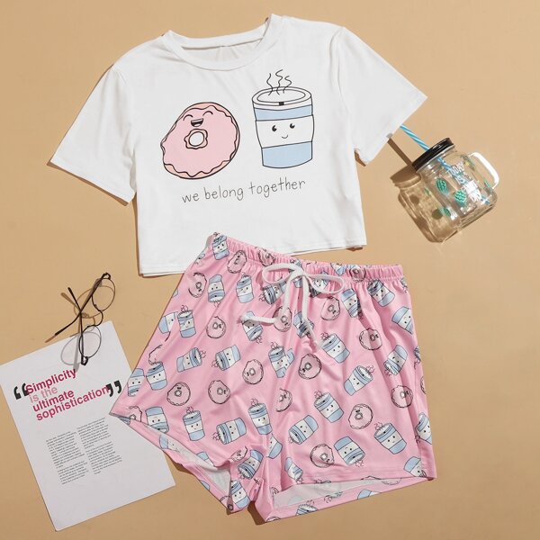 

Cartoon & Letter Graphic Pajama Set, Multicolor
