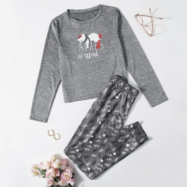 

Bear & Plants Print PJ Set, Grey