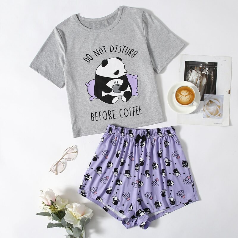 

Slogan & Cartoon Graphic PJ Set, Multicolor