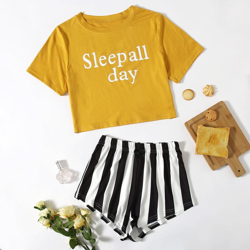 

Slogan Graphic Tee & Striped Shorts PJ Set, Multicolor