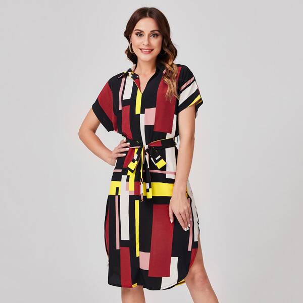 

Geo Print Curved Hem Belted Shirt Dress, Multicolor
