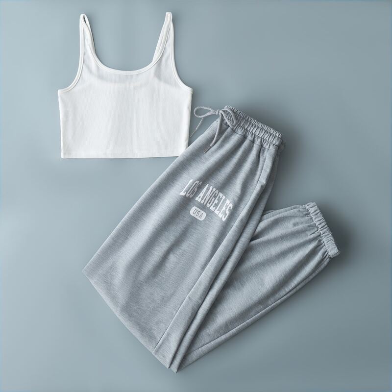 

Solid Crop Cami & Letter Drawstring Sweatpants, Multicolor